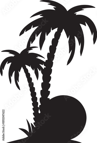 A tropical summer landscape featuring a vector illustration of palm tree silhouettes against a paradise island sunset sky with coconut leaves and exotic beach nature elements for travel design