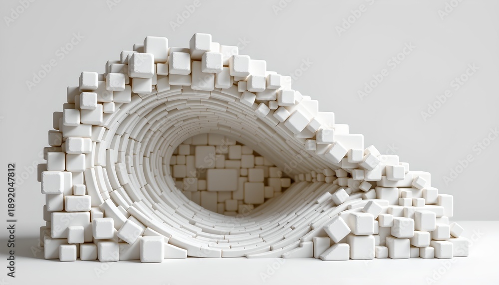 Fototapeta premium An intricate 3D sculpture composed of numerous small white blocks, resembling bricks, arranged to form a complex structure with patterns and curves that create an illusion of depth