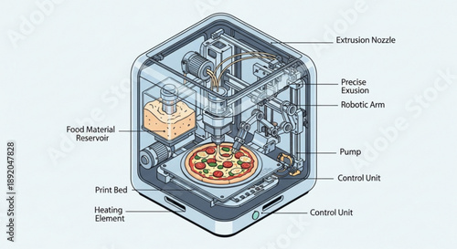 Detailed diagram of 3d food printer with labeled components and pizza