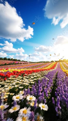 Wallpaper Mural Vibrant field of striped flowers under a blue sky, with many butterflies fluttering above Torontodigital.ca