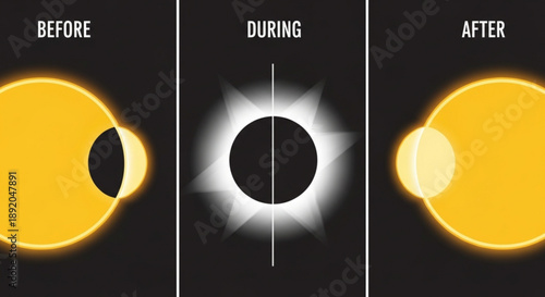 Solar eclipse phases before during and after with sun and moon alignment