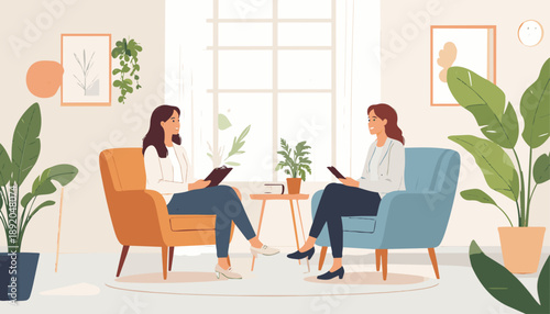 One-on-One Counselling Session

A flat vector illustration of a professional counsellor sitting on a comfortable chair facing a client on a sofa, engaged in a calm conversation. 