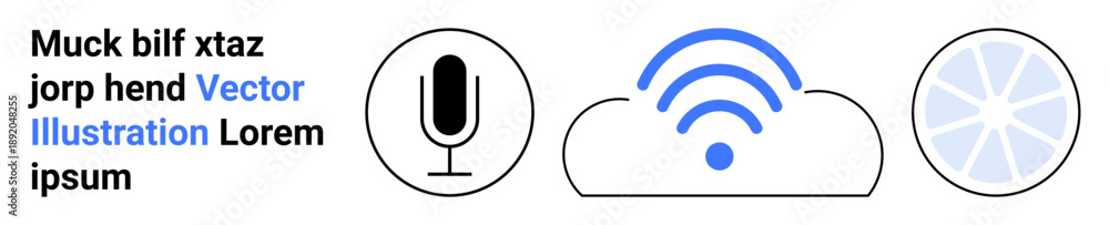 Obraz premium Voice technology, cloud services, wireless communication, podcasting, broadcasting, and connectivity. Microphone, cloud with a signal and pie chart icons. Voice technology and cloud services