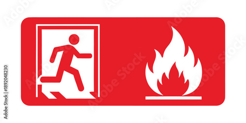 A red rectangular safety sign featuring a white icon of a running person exiting a door on the left and a white flame icon on the right, indicating fire exit and fire hazard.