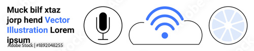 Voice technology, cloud services, wireless communication, podcasting, broadcasting, and connectivity. Microphone, cloud with a signal and pie chart icons. Voice technology and cloud services