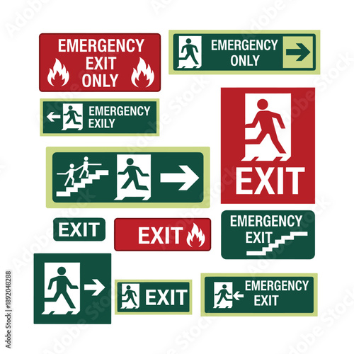 Diverse collection of emergency exit and safety signs in red and green, featuring running person icons, arrows, and text for building safety.