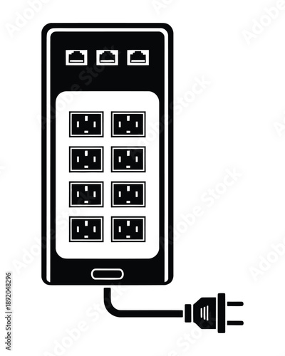 Black and white illustration of a vertical power strip with eight electrical outlets and three network ports, connected to a standard two-prong plug.