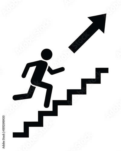 A black silhouette of a person running up a staircase with an upward arrow indicating progress.