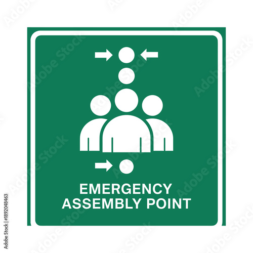 A green square sign with white icons and text indicating an emergency assembly point, showing people gathering for safety.