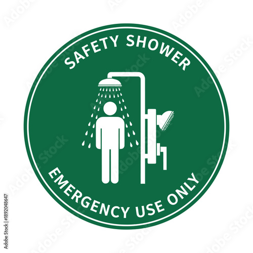 Green circular safety sign indicating an emergency shower for immediate use in hazardous environments.