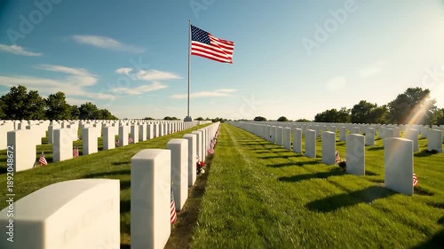 Wallpaper Mural Rows of white headstones stand in a grassy field beneath a blue sky with a flag Torontodigital.ca