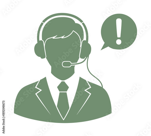 Green silhouette icon of a customer service representative wearing a headset with a microphone and an exclamation mark speech bubble.