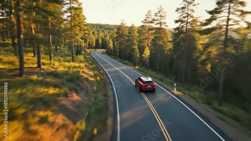 Wallpaper Mural Red car drives on winding forest road at sunset Torontodigital.ca