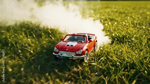 Wallpaper Mural Miniature red convertible driving through tall grass, kicking up smoke Torontodigital.ca
