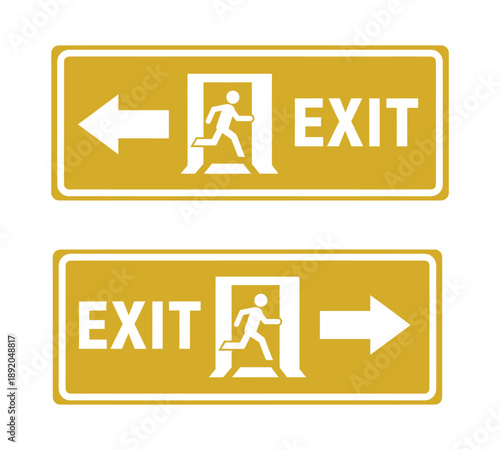Two yellow rectangular emergency exit signs with white graphics, one pointing left and the other pointing right, featuring a running person pictogram.