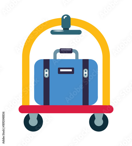 Illustration of a blue suitcase on a classic hotel luggage cart, ready for travel and hospitality service and guest assistance.