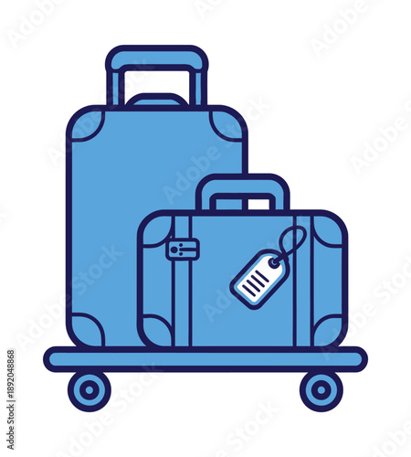 Two blue suitcases, one large and one small, with a luggage tag, resting on a wheeled cart, depicted in a flat illustration style.