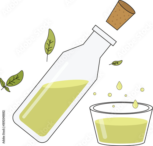 A tilted glass bottle with a cork stopper containing a light green herb-infused salad dressing. Beside it sits a small glass bowl filled with the same liquid and floating herbal leaves.