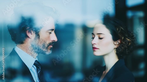 Intense professional confrontation through glass reflection