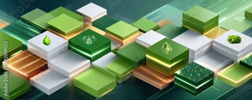 Isometric data center with green hexagon symbols and futuristic technology icons for digital infrastructure