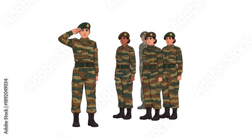 Illustration of four Indian army soldiers in camouflage uniforms standing at attention on a white background with one saluting.