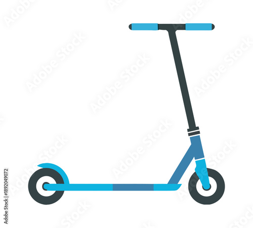 Simple flat design illustration of a blue and black kick scooter for urban personal transportation and leisure activity.