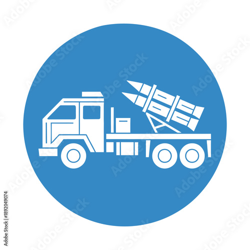 Military truck carrying multiple missiles on a launcher, depicted as a white silhouette on a blue circular background, representing defense or warfare.