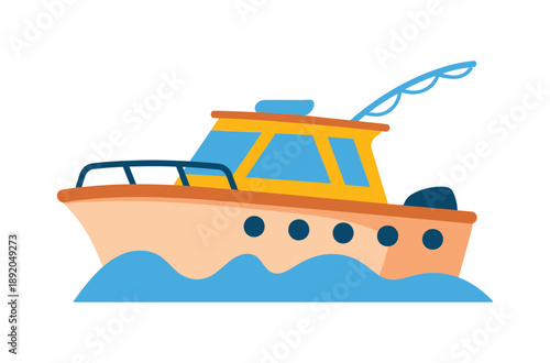 A vibrant cartoon illustration of a fishing boat with a rod on blue waves, depicted in a flat design style.