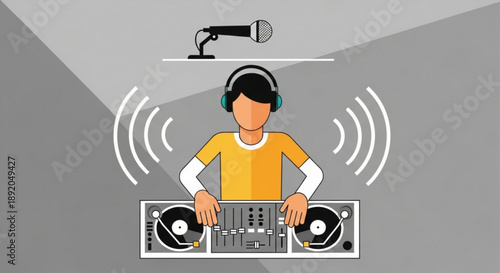 DJ with headphones and turntables broadcasting music with microphone and sound waves flat vector illustration for entertainment and media concepts