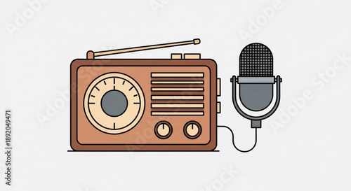 Vintage radio with microphone retro broadcast equipment illustration for audio music and podcasting concepts isolated on white