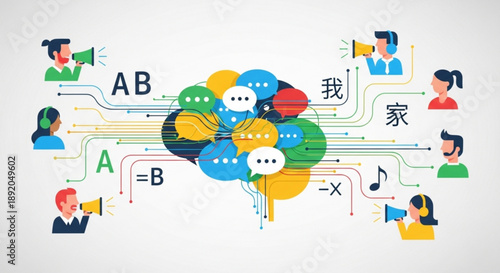 Global communication concept diverse people talking with speech bubbles connected to a brain representing language learning and connection vector illustration