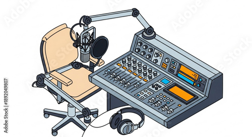 Radio studio equipment including a microphone on an adjustable arm a professional audio mixer and headphones ideal for broadcasting and podcasting concepts
