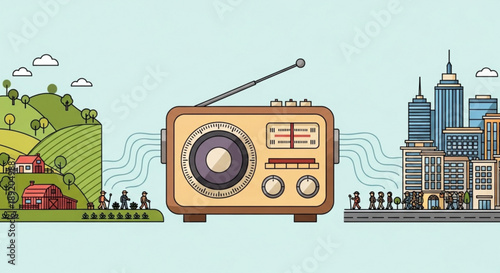 Retro radio broadcasting music and news from the countryside to the city flat vector illustration for communication concept
