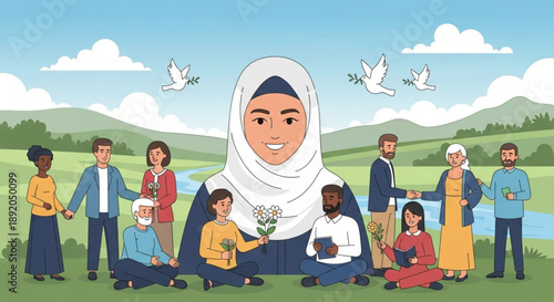 Diverse group of people celebrating peace and unity with a woman in hijab at the center surrounded by nature and doves concept for community and harmony