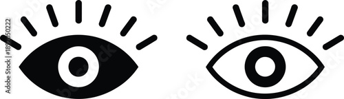 Human Eye Vision Icons - Black Silhouette and Outline Eye with Eyelashes Vector