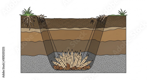 Soil layers with root system and underground plant growth cross section illustration
