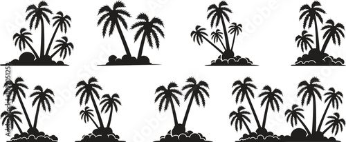 Palm or coconut trees vector illustration. Palm tree silhouette. Black palm trees set isolated on white background. Set of palm trees