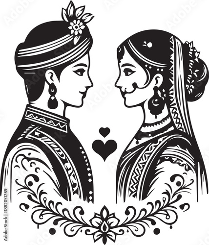 Vintage retro style wedding couple silhouette illustration in love