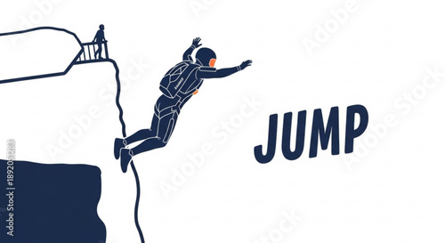 Person in jumpsuit jumping off cliff with rope and harness on white background with 'jump' text