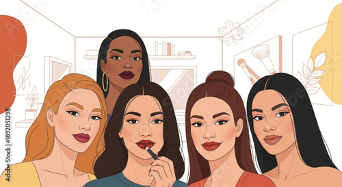 Diverse group of women applying makeup together in a beauty room with colorful hair and clothes
