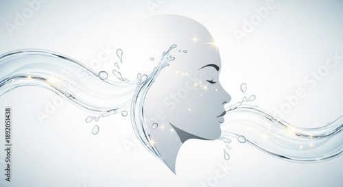 Serene woman's face with flowing water stream and droplets on a clean white background conveying relaxation and purity