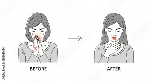 Woman coughing before and after using throat spray for relief from coughing and sore throat symptoms
