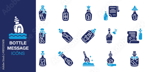 Bottle Message Icon set. Containing postcard, hope, rescue, ocean, sea, beach and more. Solid vector icons collection. Vector illustration.