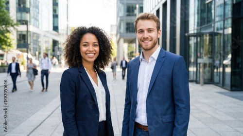 Diverse young professional business partners smile standing on a city street pavement outside modern glass office buildings during the day.
