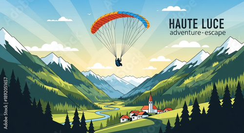 Paraglider soaring over mountains village and forest landscape with colorful parachute