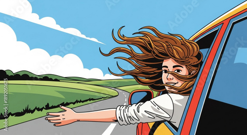 Woman with long hair driving car with arm out window on sunny road trip through green landscape