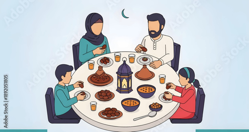 Family Breaking Fast Together During Ramadan.
