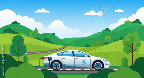 Electric car charging on road in green landscape with sunny sky and hills
