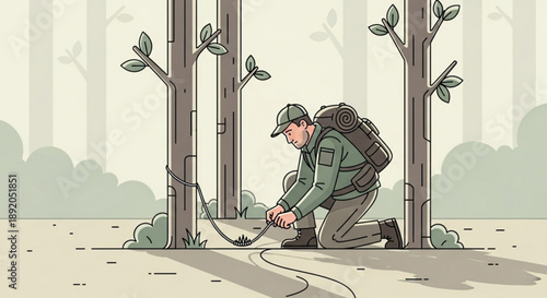 Man planting tree with shovel in forest wearing green uniform and backpack ecological conservation concept