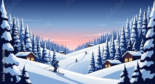 Skiers glide down snowy mountain slope with pine trees and cabins at sunset